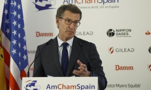 El presidente del Partido Popular, Alberto Núñez Feijóo, interviene en un almuerzo organizado por la Cámara de Comercio de Estados Unidos en España este 28 de septiembre de 2022.