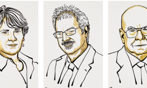 Ilustración, de izquierda a derecha, de los premiados Aspect, Clauser y Zeilinger.Nobel Prize