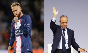 El futbolista Neymar Jr y el presidente del Real Madrid, Florentino Pérez.