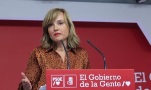 La portavoz de la Comisión Ejecutiva Federal del PSOE y ministra de Educación y Formación Profesional, Pilar Alegría, durante la rueda de prensa ofrecida este lunes en la sede de la formación.