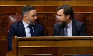 27/10/2022.- El líder de VOX, Santiago Abascal (i), conversa con el portavoz del partido en el Congreso, Iván Espinosa de los Monteros (d), durante la segunda jornada del debate de las enmiendas a la totalidad presentadas por la oposición al proyecto de P