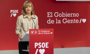 La portavoz de la CEF y ministra de Educación y FP, Pilar Alegría, ofrece una rueda de prensa en la sede del PSOE en Ferraz.