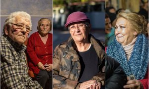 De izquierda a derecha: José Manuel y Maria, un matrimonio octogenario desahuciado en Carabanchel. Teresa Sarmiento, de 72 años, desalojada este verano de un edificio en el barrio de Lavapiés. Pepi Santiago, de 69 años, vecina de Teresa, durante un intent