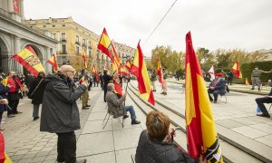 Varias personas sostienen banderas de preconstitucionales en una concentración franquista el pasado 21 de noviembre de 2021.