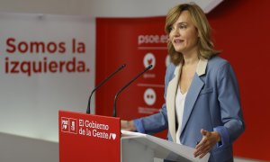 La portavoz del PSOE y ministra de Educación y FP, Pilar Alegría, durante su intervención tras la reunión de la Ejecutiva Federal del partido este lunes en la sede de Ferraz