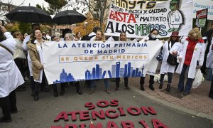 Participantes en la concentración convocada por el sindicato Amyts, mayoritario entre los médicos madrileños, frente a la Gerencia de Atención Primaria este 21 de noviembre de 2022.