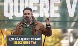 El líder de Vox, Santiago Abascal, en la plaza de Colón de Madrid.