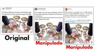 Imagen combinada del caricaturista canadiense Bruce MacKinnon junto a otras dos viñetas manipuladas.