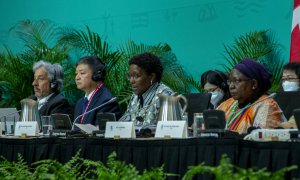 La secretaria ejecutiva de la Convención sobre Diversidad Biológica, Elizabeth Maruma Mrema; y el presidente de la Conferencia de la ONU sobre Biodiversidad COP15, el chino Huang Rinqiu, participan hoy en el cierre de la sesión ministerial en Montreal (Ca