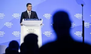 El presidente del Gobierno, Pedro Sánchez, durante su intervención este martes en el encuentro anual del Foro Mundial de Davos (Suiza).