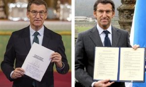 24/1/23 Feijóo, con las propuestas que presentó en Cádiz el pasado lunes (i), y con las del "contrato" con Galicia que rubricó en febrero de 2009 en Santiago.