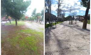 Vista previa a las obras en el Parque de Aluche (i) y vista del parque tras las obras, con la zahorra sobre el suelo (d).