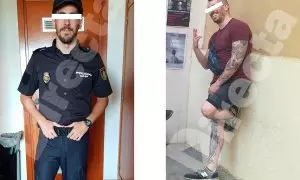 A la izquierda, el agente D. H. P. durante su paso por la escuela de policía de Ávila. En la imagen de la derecha se pueden apreciar los tatuajes que se realizó entre 2020 y 2021.