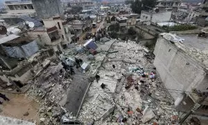 Vista aérea de la devastación provocada por el terremoto en la ciudad siria de Jandaris, este 6 de febrero de 2023.