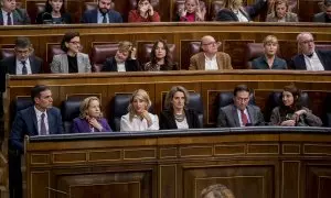 El presidente del Gobierno, Pedro Sánchez, junto a varios de sus ministros, Pilar Llop incluida, durante la sesión de control celebrada este miércoles en el Congreso.