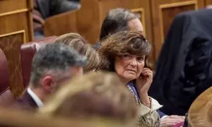 La exvicepresidenta del Gobierno, Carmen Calvo, durante una sesión plenaria, en el Congreso de los Diputados, a 15 de diciembre de 2022, en Madrid.