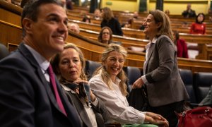 14/02/2023. Pedro Sánchez junto a las vicepresidentas del Gobierno: Nadia Calviño, Yolanda Díaz y Teresa Ribera, a 8 de febrero de 2023.