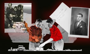 Montaje de un escena de la obra de Alberto Conejero y Xavier Bobés, el cartel del Teatro la Abadía y una imagen de Antoni Benaiges