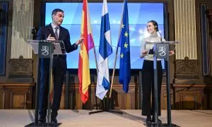 El presidente del Gobierno, Pedro Sánchez, da una conferencia de prensa junto a la primera ministra filandesa, Sanna Marin, este 3 de marzo de 2023 en Helsinki.