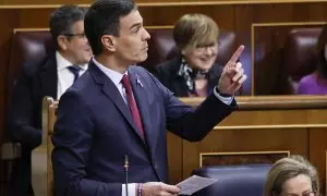 08/03/2023.- El presidente del Gobierno, Pedro Sánchez, interviene en la sesión de control al Ejecutivo de este miércoles en el Congreso, que coincide con el Día de la Mujer y tras la votación de la reforma de la ley del solo sí es sí del PSOE, que ha rot