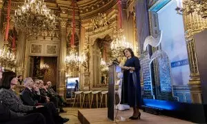 La presidenta de La Rioja, Concha Andreu, interviene durante la presentación del Valle de La Lengua, en Casa de América, en Madrid. E.P./Carlos Luján