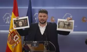 14/03/2023.- El portavoz de ERC en el Congreso, Gabriel Rufián durante la rueda de prensa previa a la reunión de la Junta de Portavoces, este martes en el Congreso.