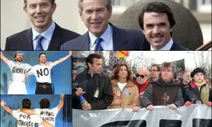 Blair, Bush y Aznar. Willy Toledo y Alberto San Juan. Manifestación contra la invasión de Irak.