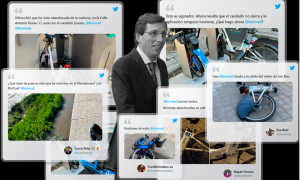 Ilustración de José Luis Martínez-Almeida y varios tuits atendidos por BiciMad ante el deterioro del servicio.