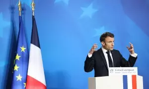 El presidente de Francia, Emmanuel Macron, durante una conferencia de prensa en una cumbre de la UE en Bruselas, a 24 de marzo de 2023.