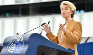 La presidenta de la Comisión Europea, Ursula von der Leyen, durante un discurso en el Parlamento Europeo, en Estrasburgo, Francia, el 15 de marzo de 2023.