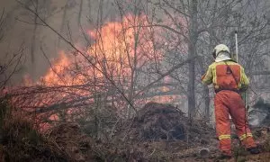 Bomberos de Asturias trabajan en el incendio de los concejos de Valdes y Tineo. E.P./Xuan Cueto