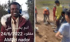 Izquierda: El joven sudanés Adam Bakhit, fallecido durante el intento de cruce de la frontera entre Nador y Melilla el 24 de junio de 2022. Derecha: Imagen del entierro de Bakhit el pasado viernes en el cementerio Sidi Salem de Nador, Marruecos.