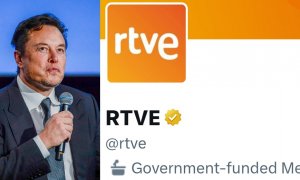 Montaje con el dueño de Twitter, Elon Musk y la de de RTVE, donde aparece la etiqueta de 'medio financiado por el Gobierno'.