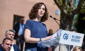 21/04/2023. Isabel Díaz Ayuso interviene en un acto de precampaña, a 15 de abril de 2023, en Leganés.