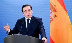 El Ministro de Asuntos Exteriores de España, José Manuel Albares, asiste a una rueda de prensa en el Ministerio de Asuntos Exteriores de Berlín, a 21 de abril de 2023.