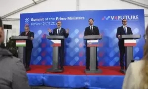 El primer ministro de Hungría, Viktor Orbán, junto a su homólogo polaco, Mateusz Morawiecki, y los primeros ministros de Eslovaquia y República Checa, durante un acto en Eslovaquia, a 24 de noviembre de 2023.