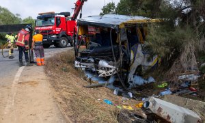 El autobús con temporeras marroquíes que sufrió un accidente en Almonte (Huelva).