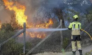 Un bombero intenta apagar el incendio forestal en el paraje natural de la Laguna de El Portil, en el término municipal de Punta Umbría (Huelva) el 26 de abril de 2023.