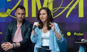 La secretaria general de Podemos, Ione Belarra, durante el acto 'Escudo Climático', en la Sede de Podemos Francisco Villaespesa, a 28 de abril de 2023, en Madrid.