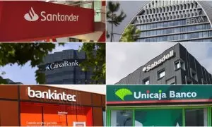 Los logos de Banco Santander, BBVA, CaixaBank, Banco Sabadell, Bankinter y Unicaja Banco.