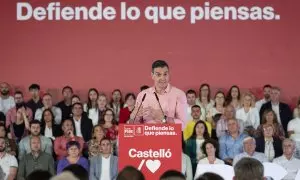 El presidente del Gobierno y secretario general del PSOE, Pedro Sánchez, interviene durante un acto de partido, en el Palau de la Festa, a 9 de mayo de 2023, en Castellón de la Plana