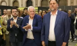 28/05/2023 - Pere Aragonès, Ernest Maragall i Oriol Junqueras durant la nit electoral del 28-M.