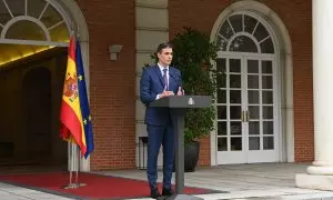 El presidente del Gobierno, Pedro Sánchez, en el momento de anunciar las elecciones anticipadas en el Palacio de la Moncloa.