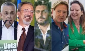 Composición con imágenes de Ángel Pelayo, Carlos Flores, Alejandro Nolasco, Jorge Campos y Leticía Díaz, los cinco posibles vicepresidentes autonómicos de Vox.