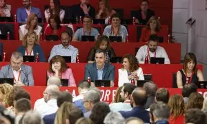 El presidente del Gobierno y secretario general del PSOE, Pedro Sánchez, en la reunión del Comité Federal de este sábado junto a otros dirigentes.