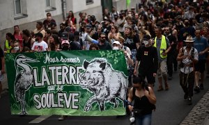 Un grupo de manifestantes protesta contra la disolución de los Levantamientos de la Tierra con una pancarta que reza: "Somos la tierra que se levanta", a 21 de junio de 2023 en Nantes (Francia)