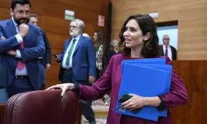 La presidenta en funciones de la Comunidad de Madrid, Isabel Díaz Ayuso, a su llegada a la segunda sesión del Pleno de investidura, en la Asamblea de Madrid, a 22 de junio de 2023, en Madrid (España).
