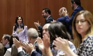 La nueva presidenta del Parlamento de Aragón en la XI Legislatura, Marta Fernández Martín, durante la sesión constitutiva de la XI Legislatura de las Cortes de Aragón, en el Palacio de la Aljafería, a 23 de junio de 2023, en Zaragoza, Aragón (España).