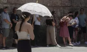 Unos turistas esperan en el trozo de sombra para entrar al Real Alcázar de Sevilla, este lunes cuando la Agencia Estatal de Meteorología (AEMET) alerta de temperaturas significativamente altas, que pueden alcanzar los 44 grados en el valle del Guadalquivi