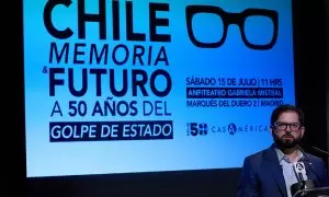 El presidente de la República de Chile, Gabriel Boric, interviene durante el acto ‘Chile: memoria y futuro a 50 años del golpe de Estado’, en Casa de América, a 15 de julio de 2023, en Madrid (España).